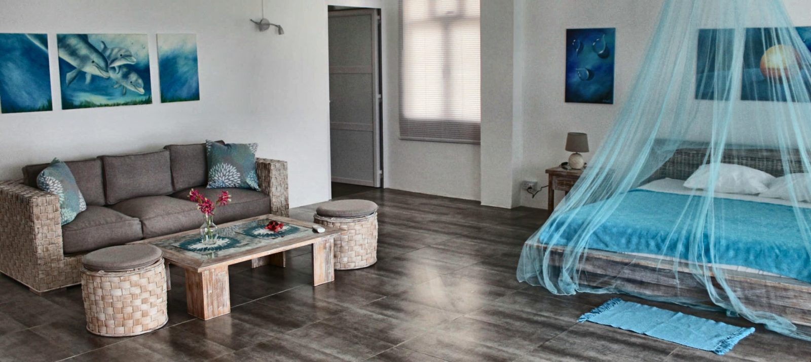 Open-plan living and sleeping area with sofa and canopy bed