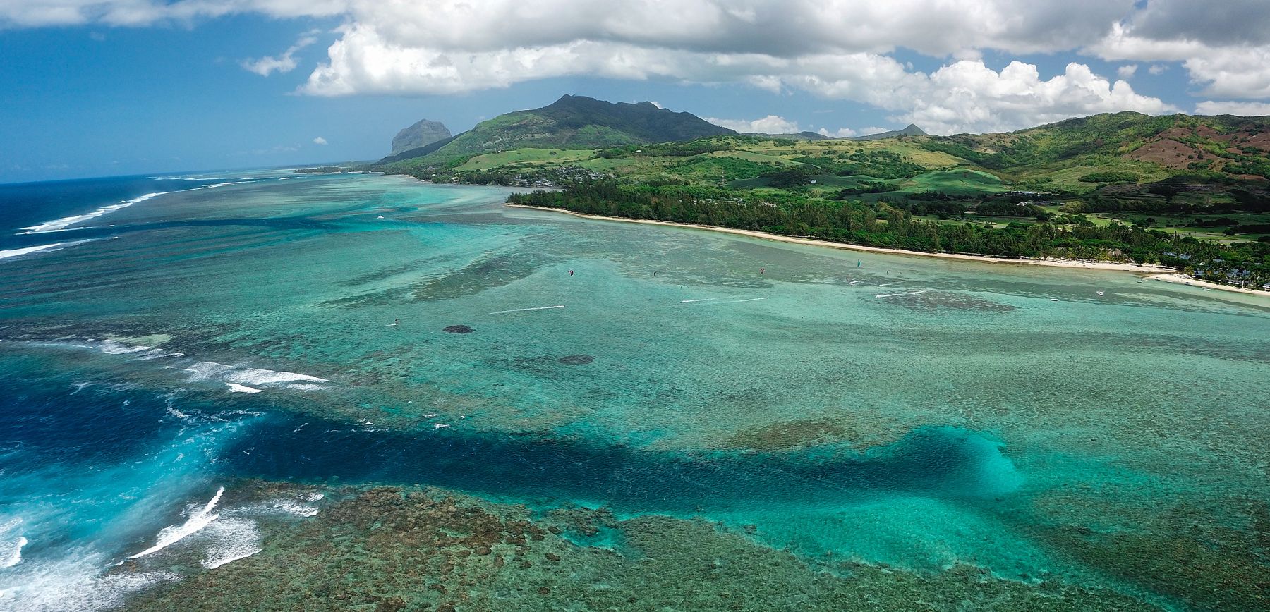 Aerial view of the Bel Ombre lagoon looking west to Le Morne